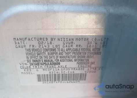 2018 Nissan Sentra Sv из США, поврежденный, VIN 3N1AB7AP0JL626609